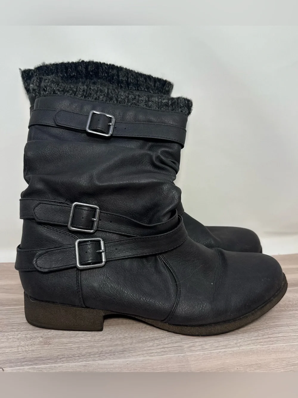 Women’s JustFab Black Faux-Leather Sweater Cuff Slouch Mid Calf Boot Size 9